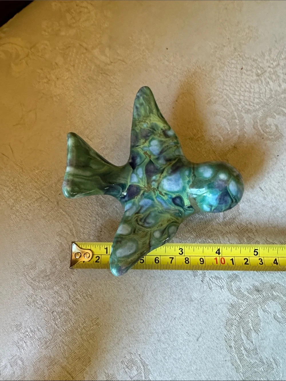 1960s Monterey Jade pottery bird w/green, blue drip glaze